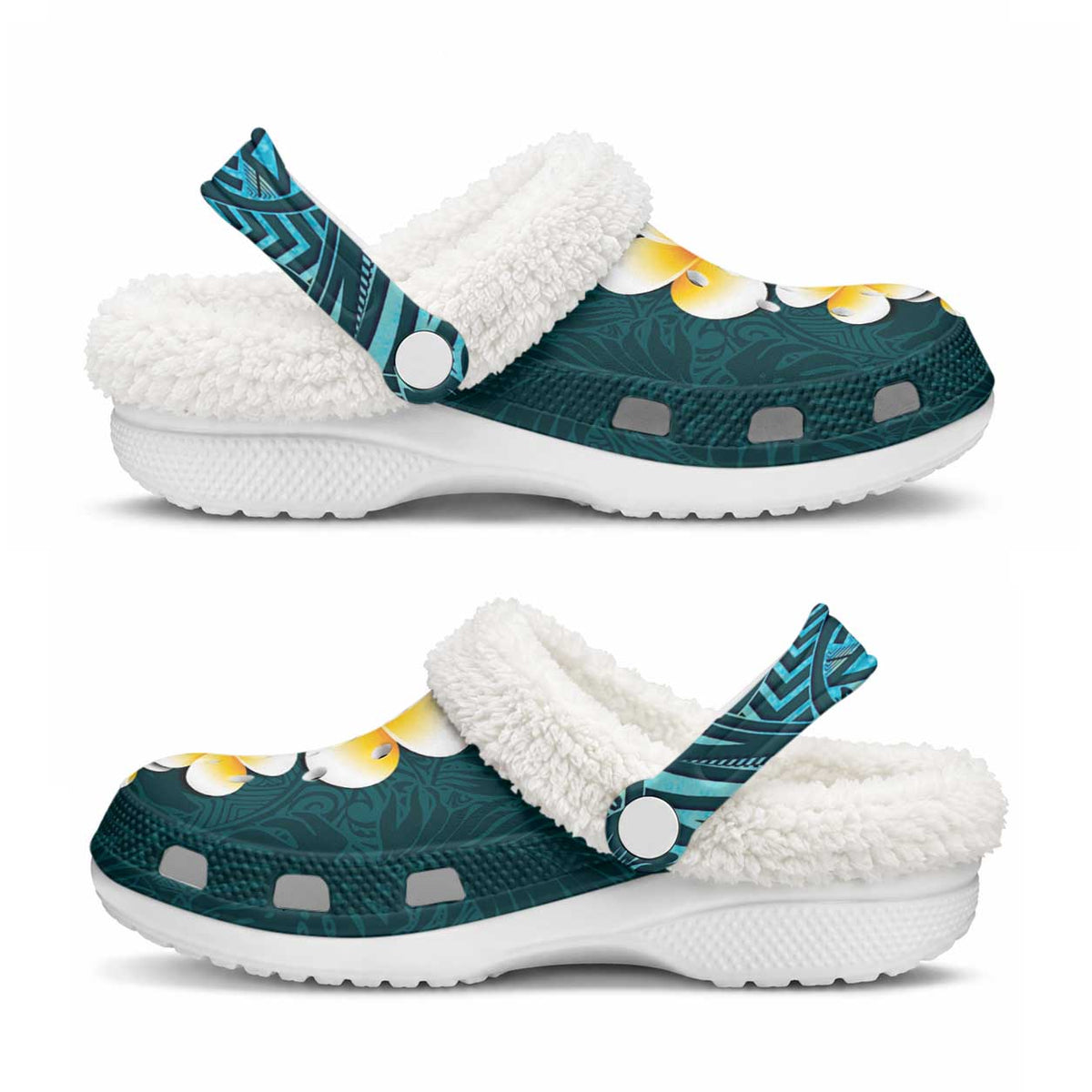 Turquoise Tropical Plumeria With Galaxy Polynesian Art Fleece Clogs
