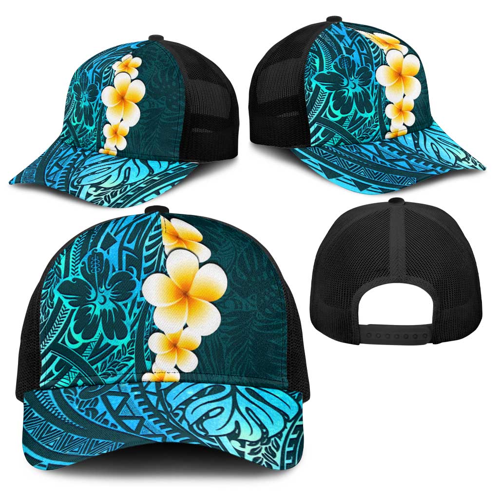 Turquosie Polynesia Baseball Net Cap Plumeria Tropical Leaves With Galaxy Polynesian Art - Polynesian Pride