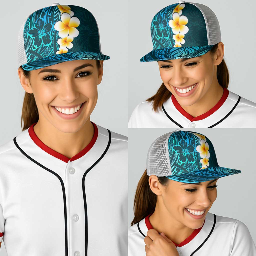 Turquosie Polynesia Baseball Net Cap Plumeria Tropical Leaves With Galaxy Polynesian Art - Polynesian Pride
