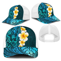 Turquosie Polynesia Mesh Trucker Cap Plumeria Tropical Leaves With Galaxy Polynesian Art - Polynesian Pride