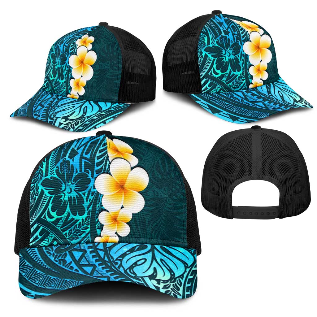 Turquosie Polynesia Mesh Trucker Cap Plumeria Tropical Leaves With Galaxy Polynesian Art - Polynesian Pride