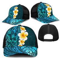 Turquosie Polynesia Mesh Trucker Cap Plumeria Tropical Leaves With Galaxy Polynesian Art - Polynesian Pride