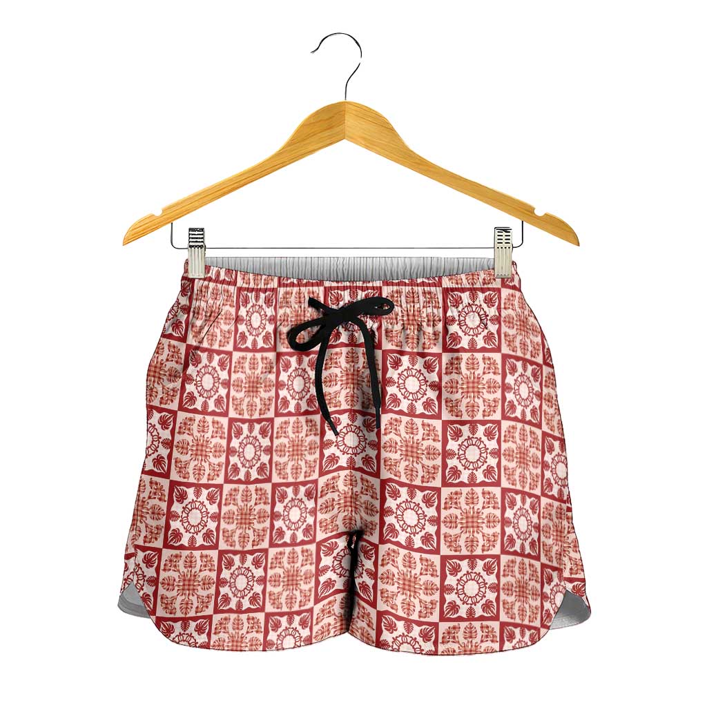 Ulaula Palaka Quilt Hawaii Shorts for Women Hawaiian Tropical Monstera Sea Turtle