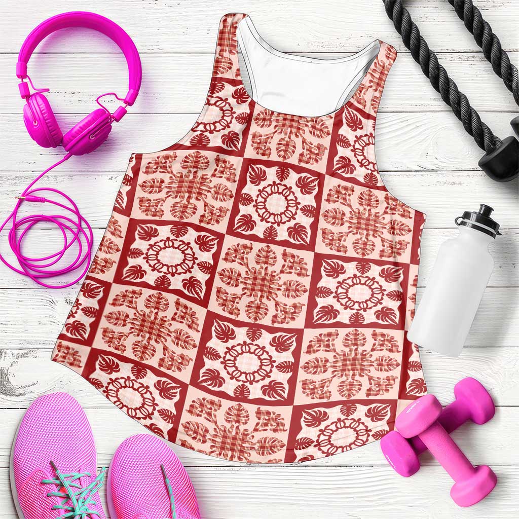 Ulaula Palaka Quilt Hawaii Women Racerback Tank Hawaiian Tropical Monstera Sea Turtle LT14 Red - Polynesian Pride