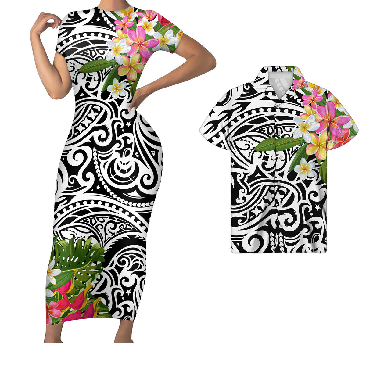 Polynesian Pride Hawaii White Matching Outfit For Couples Polynesian Tribal Pattern Combine Plumeria Flower Bodycon Dress And Hawaii Shirt No Dress - Polynesian Pride