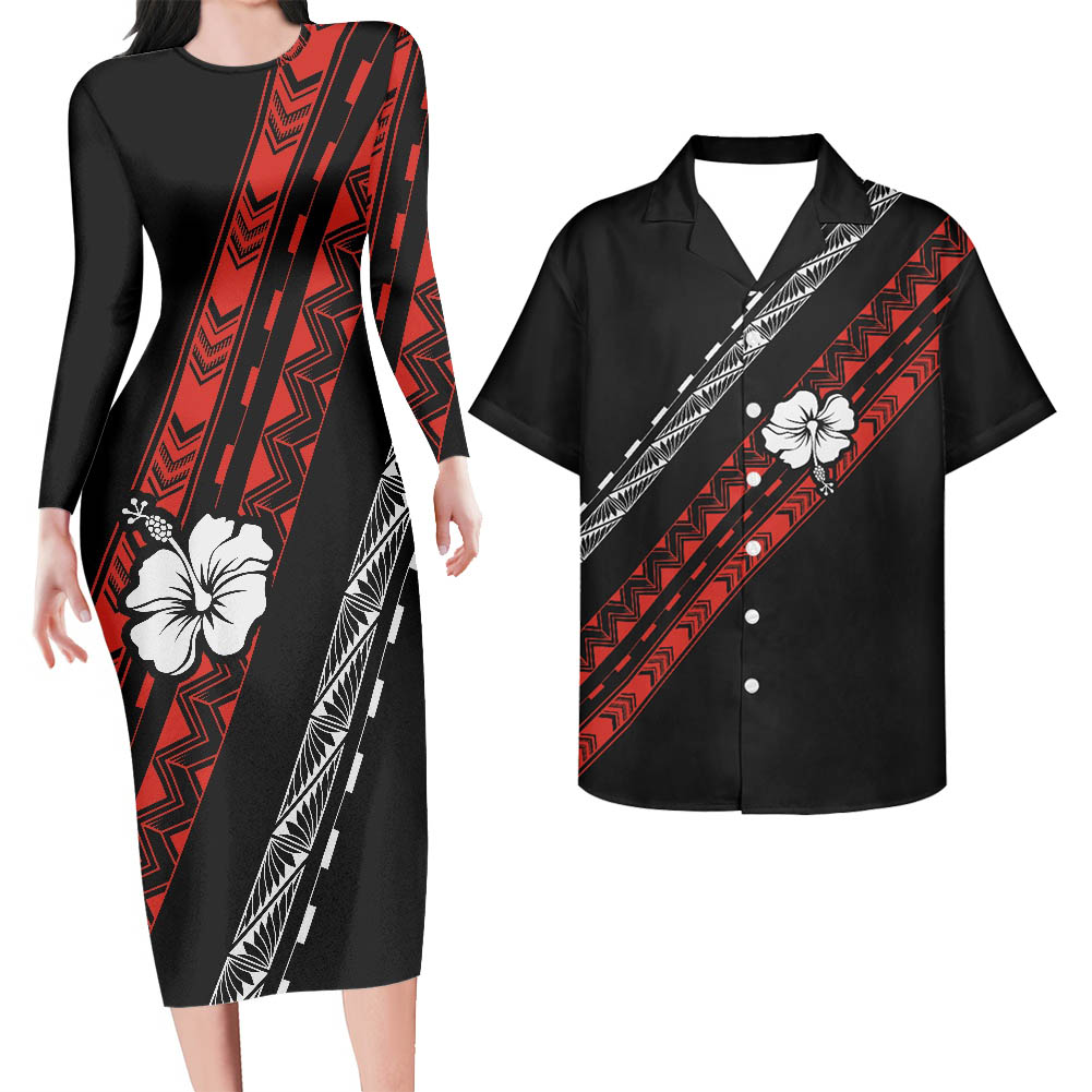 Polynesian Pride Hawaii Matching Outfit For Couples Polynesian Tribal Pattern Combine Hawaii Floral Bodycon Dress And Hawaii Shirt No Dress - Polynesian Pride