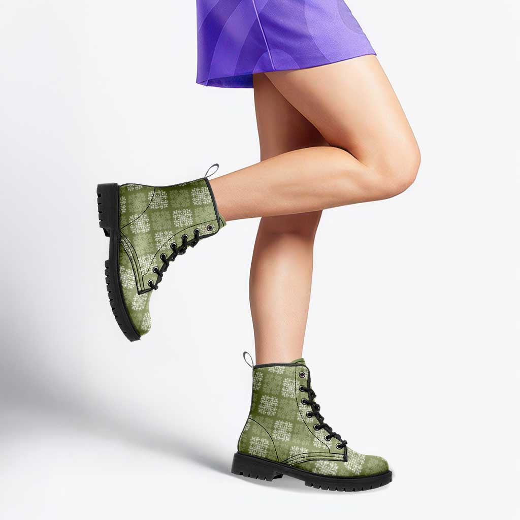 Vesuvian Green Palaka Quilt Hawaii Leather Boots Traditional Hawaii-plaid Pattern - Polynesian Pride