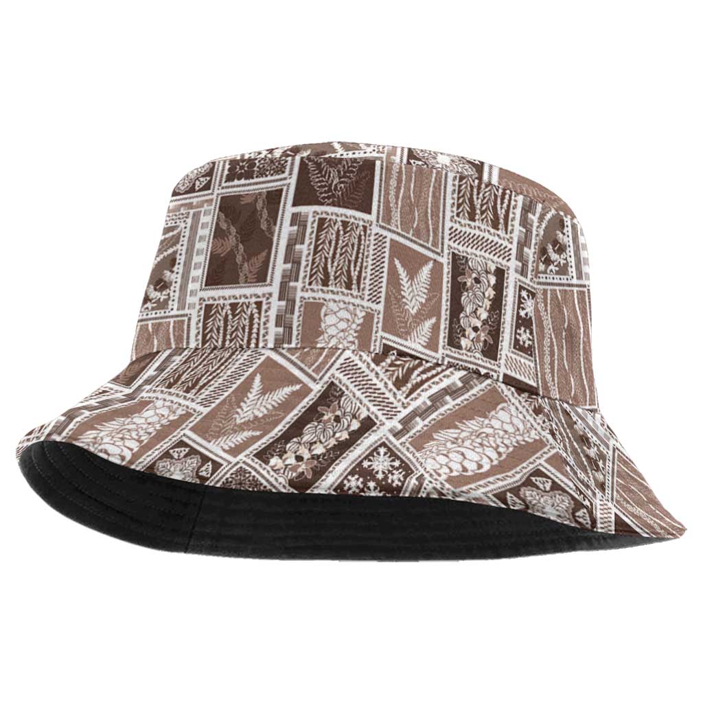 Vintage Aloha Block Quilt Bucket Hat Beige Inspired Lei Motifs - Polynesian Pride