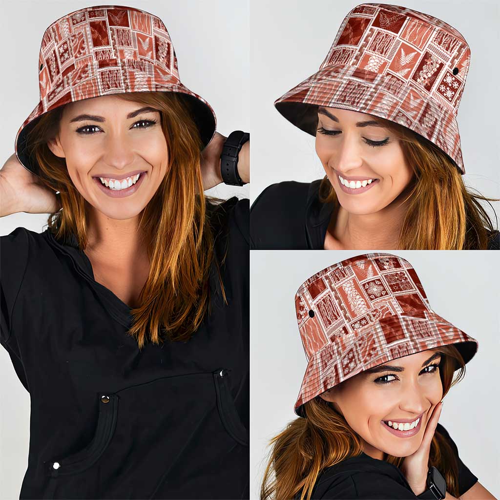 Vintage Aloha Block Quilt Bucket Hat Red Inspired Lei Motifs - Polynesian Pride