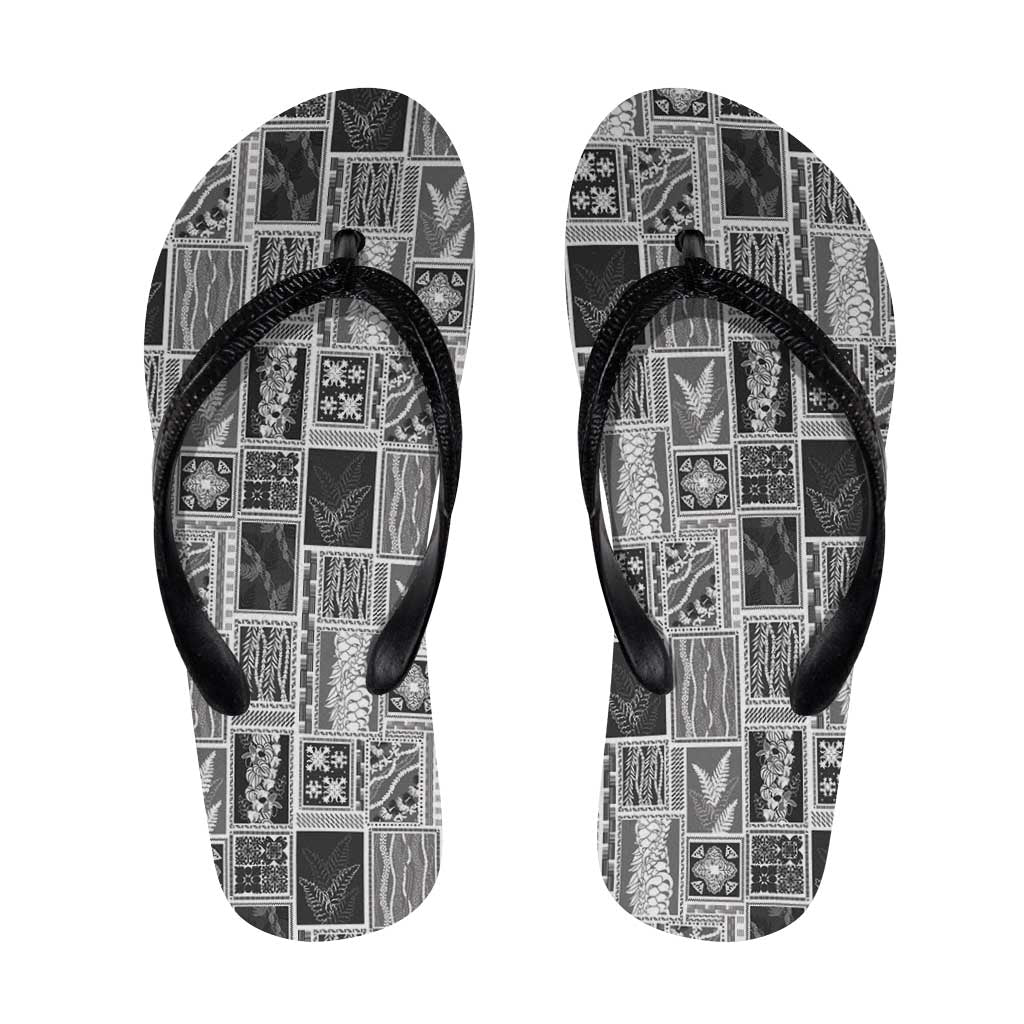Vintage Aloha Block Quilt Flip Flops Black Inspired Lei Motifs LT9 Black - Polynesian Pride