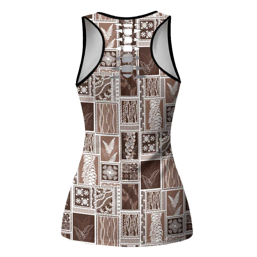 Vintage Aloha Block Quilt Hollow Tank Top Beige Inspired Lei Motifs - Polynesian Pride