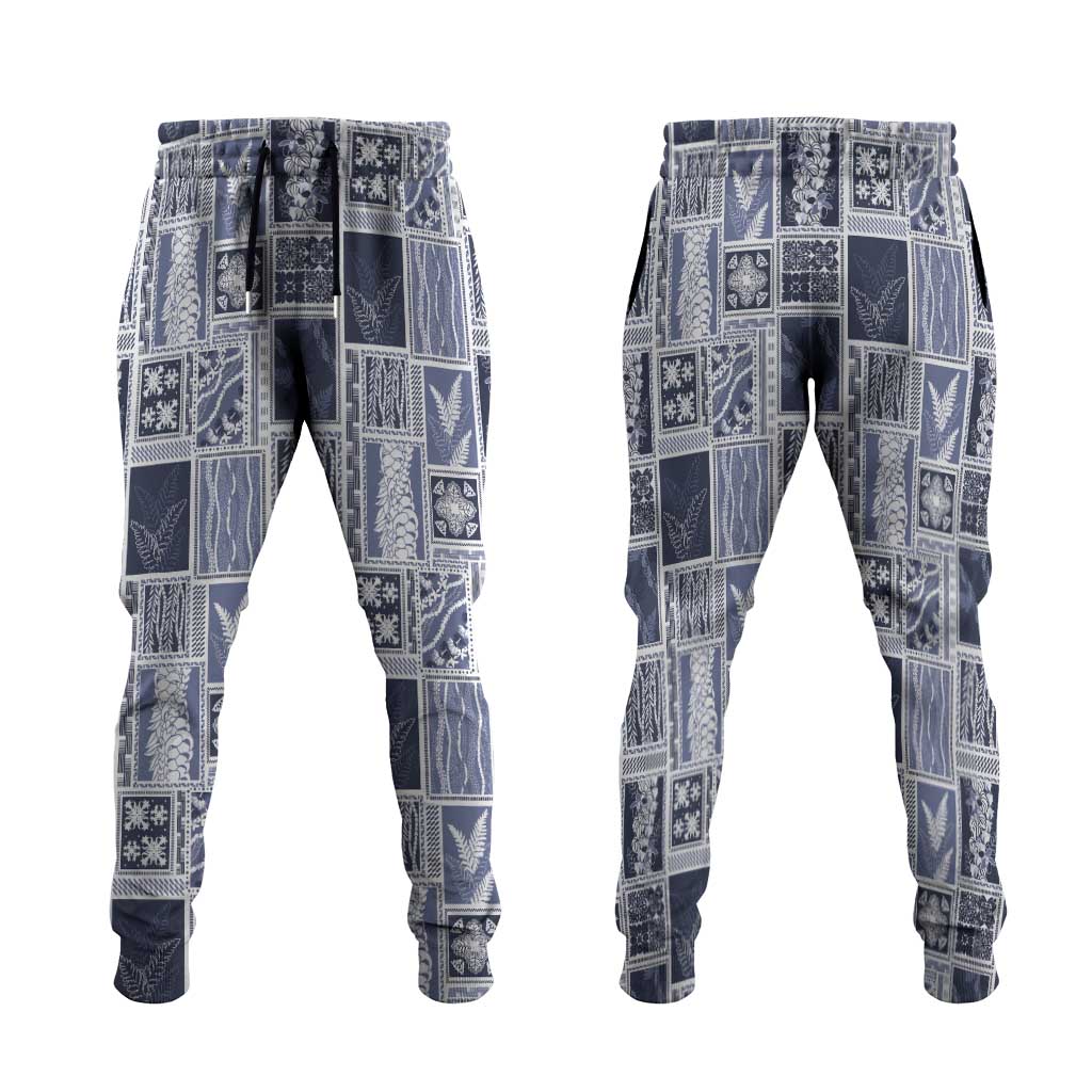 Vintage Aloha Block Quilt Jogger Pants Blue Inspired Lei Motifs - Polynesian Pride