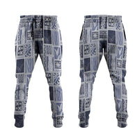 Vintage Aloha Block Quilt Jogger Pants Blue Inspired Lei Motifs - Polynesian Pride