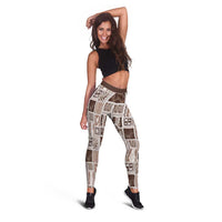 Vintage Aloha Block Quilt Leggings Beige Inspired Lei Motifs - Polynesian Pride
