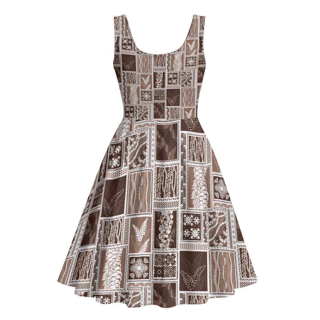 Vintage Aloha Block Quilt Midi Dress Beige Inspired Lei Motifs - Polynesian Pride