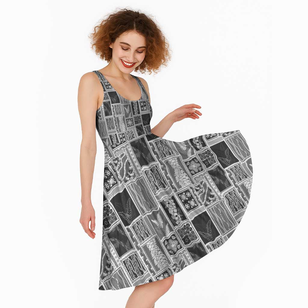 Vintage Aloha Block Quilt Midi Dress Black Inspired Lei Motifs - Polynesian Pride