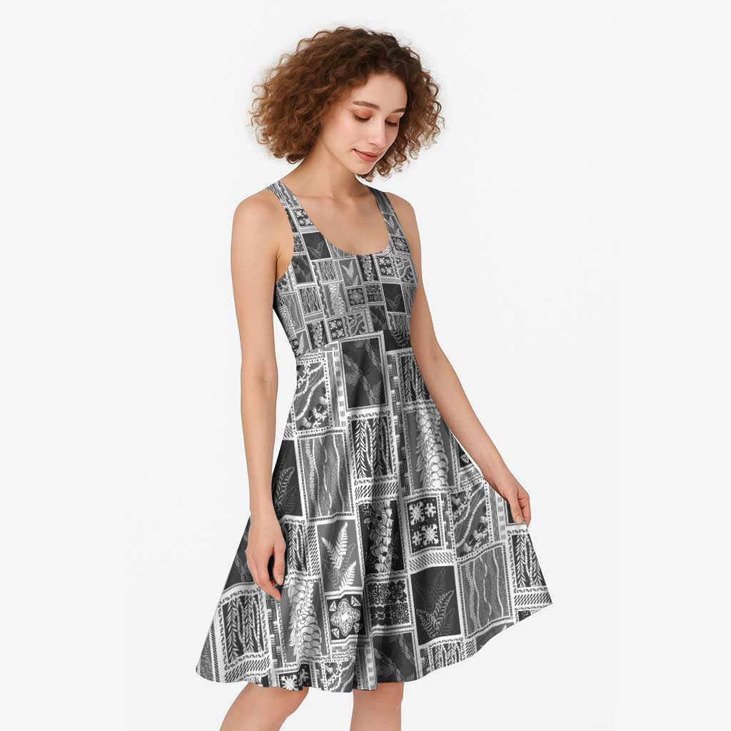 Vintage Aloha Block Quilt Midi Dress Black Inspired Lei Motifs - Polynesian Pride