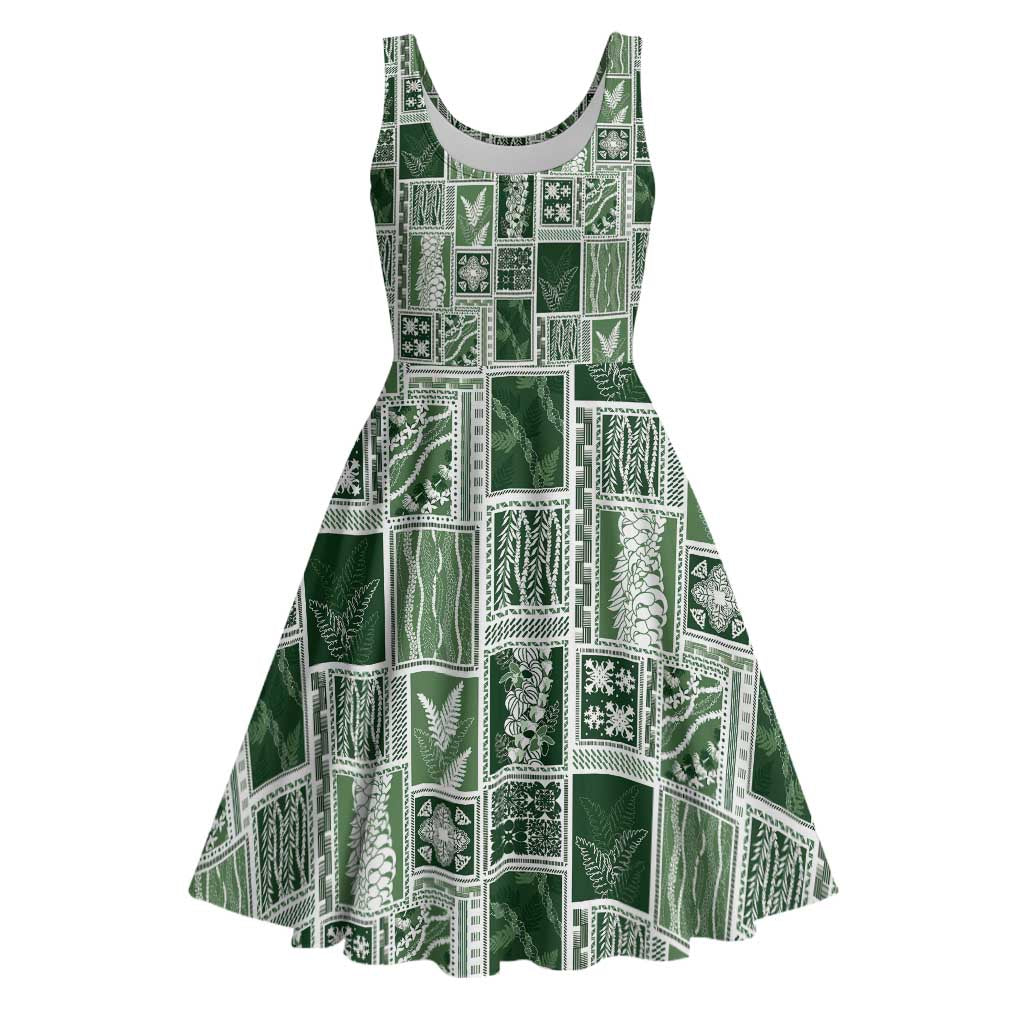 Vintage Aloha Block Quilt Midi Dress Green Inspired Lei Motifs LT9 Green - Polynesian Pride