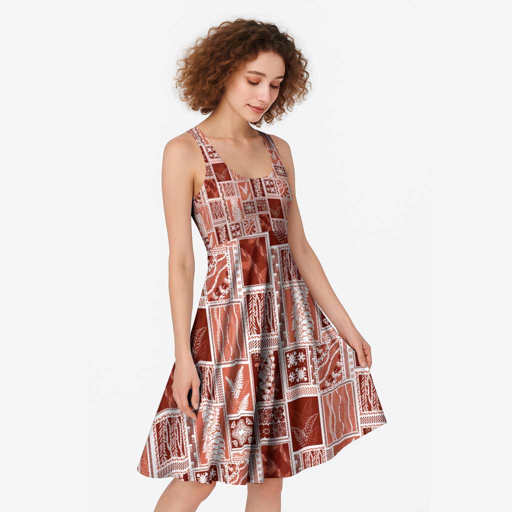 Vintage Aloha Block Quilt Midi Dress Red Inspired Lei Motifs - Polynesian Pride