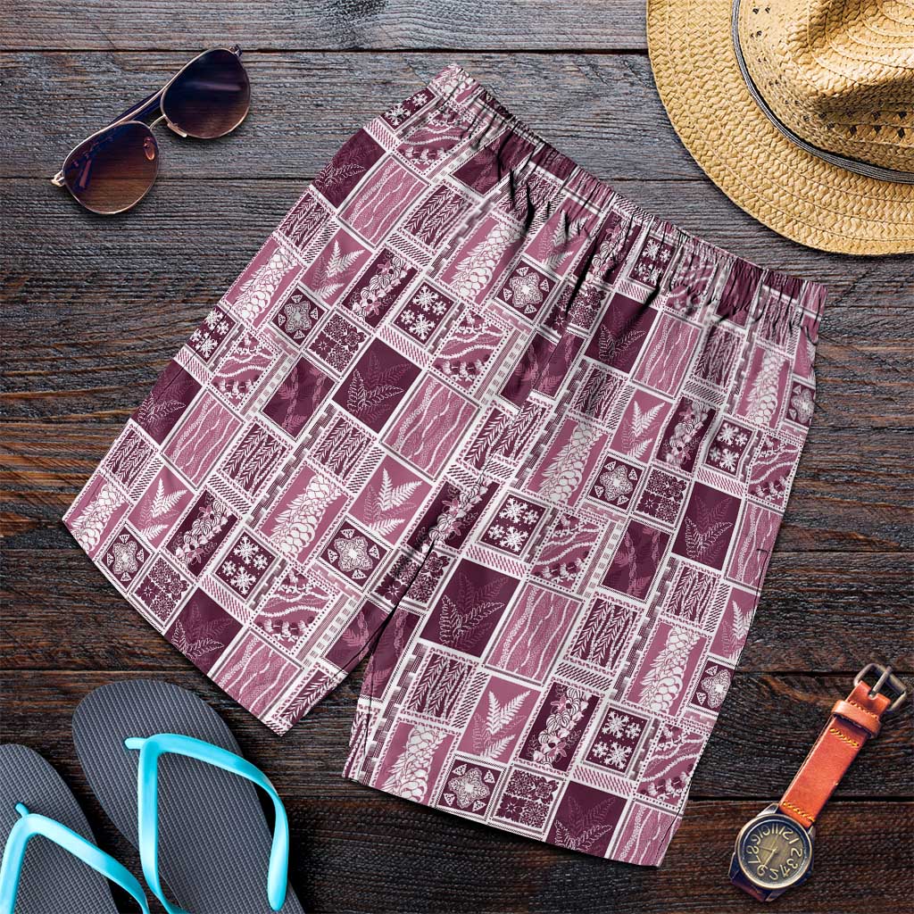 Vintage Aloha Block Quilt Shorts for Men Pink Inspired Lei Motifs - Polynesian Pride
