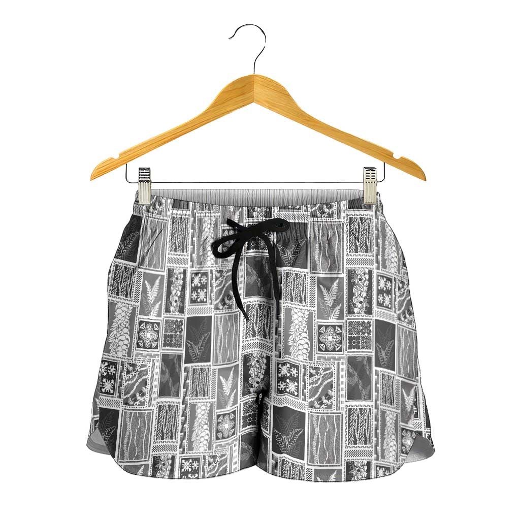 Vintage Aloha Block Quilt Shorts for Women Black Inspired Lei Motifs - Polynesian Pride