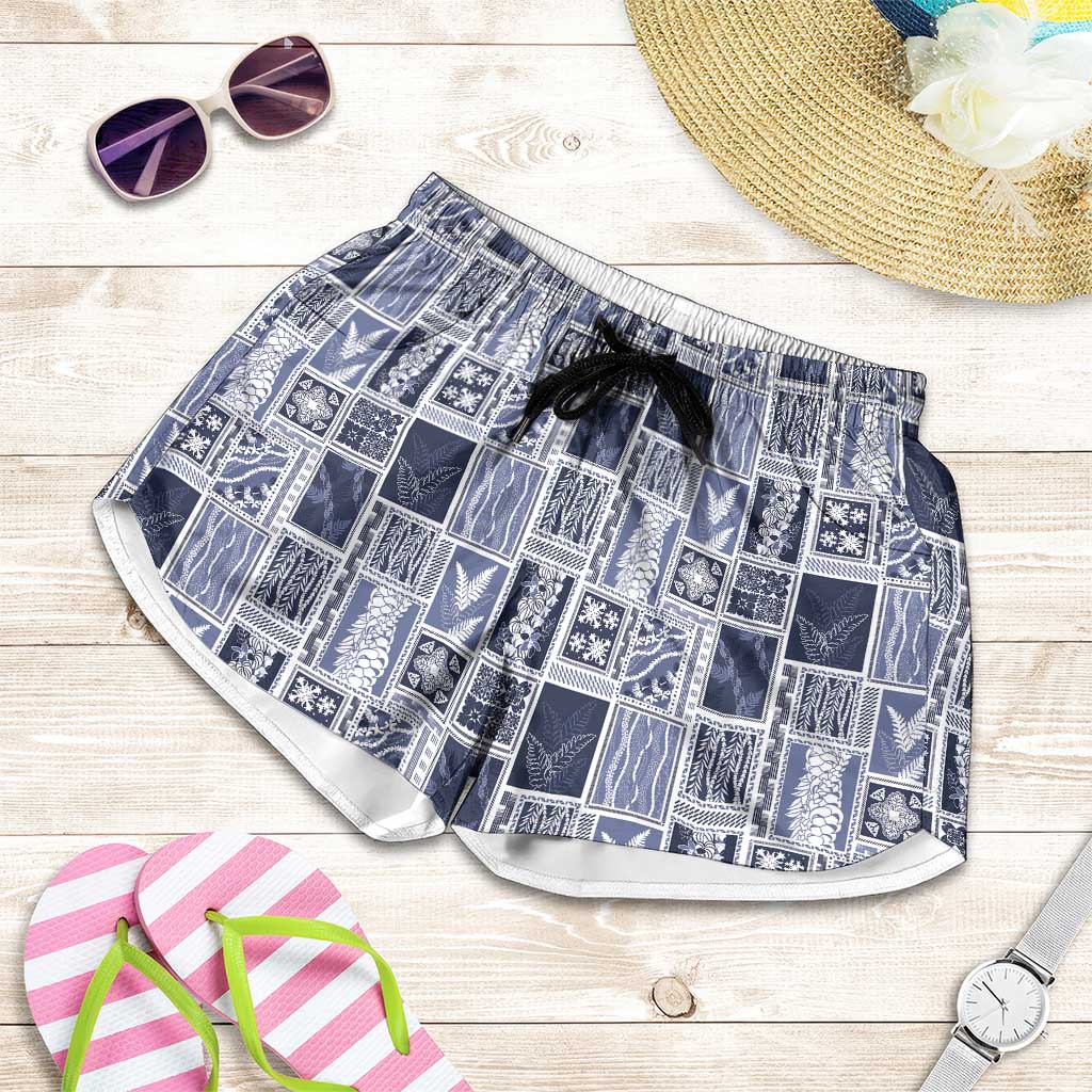 Vintage Aloha Block Quilt Shorts for Women Blue Inspired Lei Motifs - Polynesian Pride