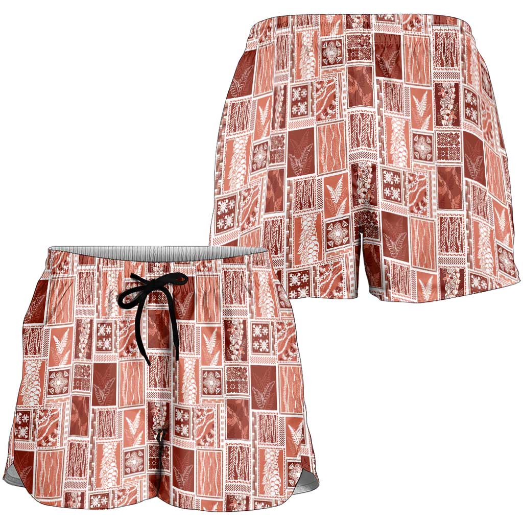 Vintage Aloha Block Quilt Shorts for Women Red Inspired Lei Motifs - Polynesian Pride