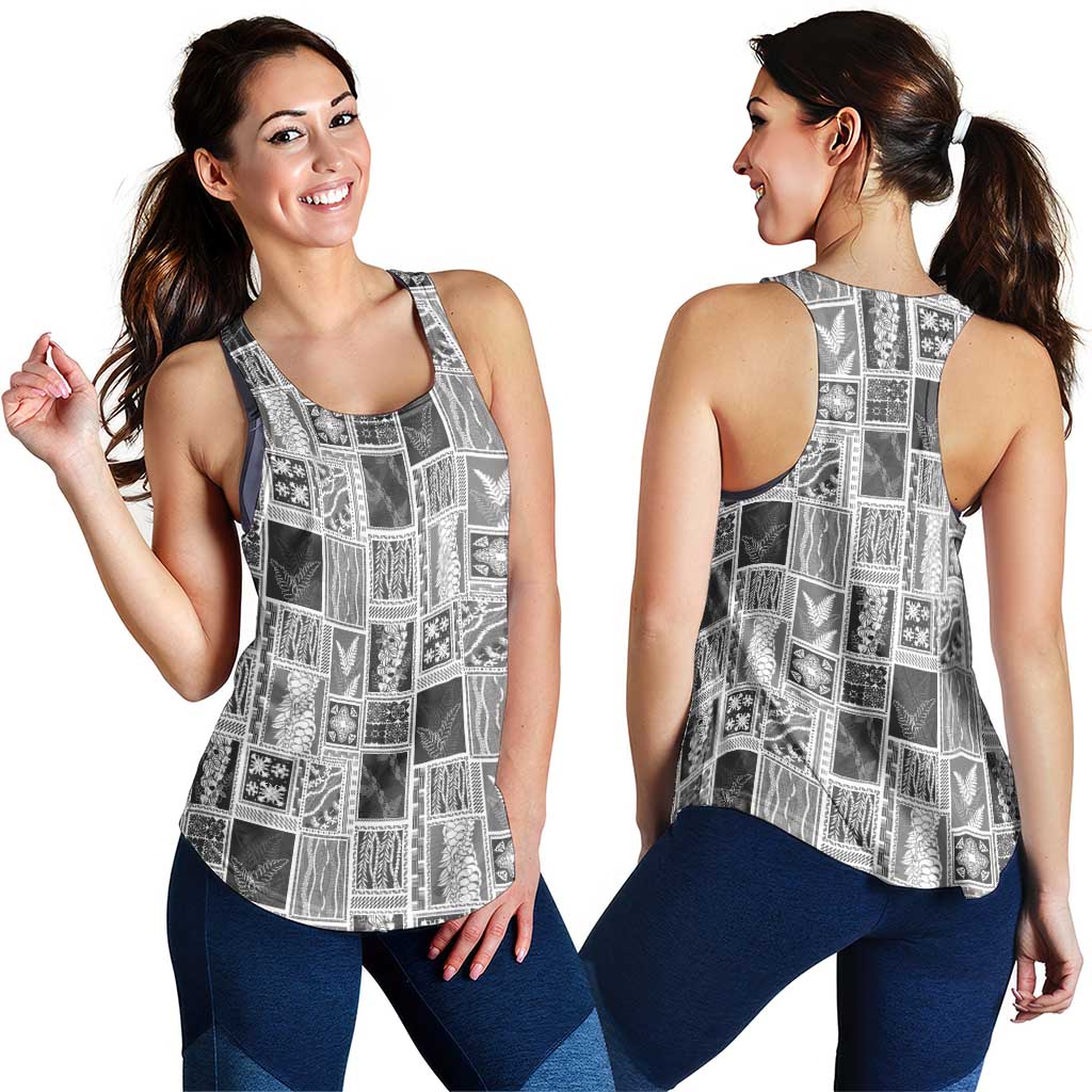 Vintage Aloha Block Quilt Women Racerback Tank Black Inspired Lei Motifs - Polynesian Pride