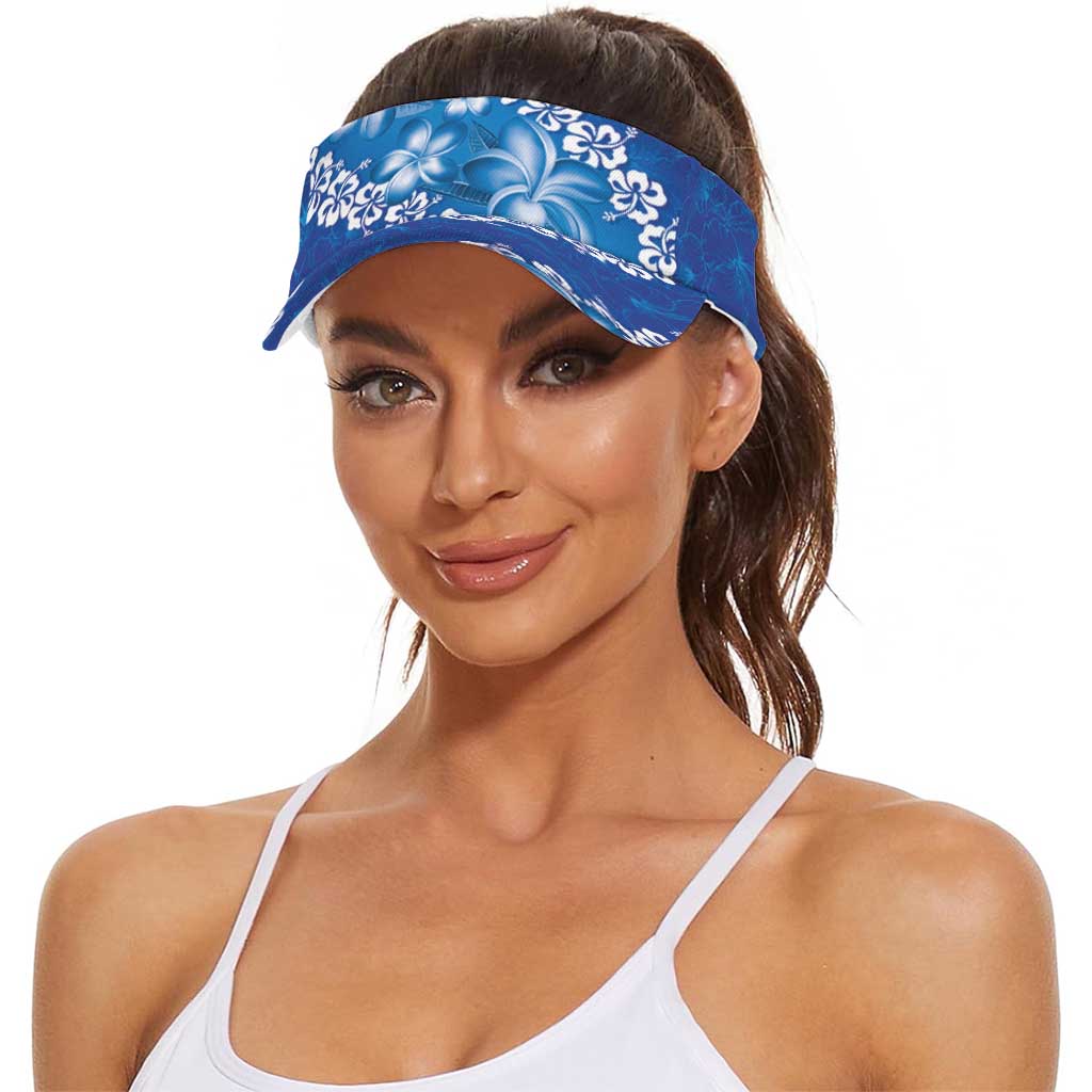 Vintage Blue Polynesia Sun Visor Cap Plumeria With Hibiscus Tropical Vibes LT14 - Polynesian Pride