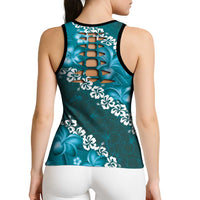 Vintage Dark Cyan Polynesia Hollow Tank Top Plumeria With Hibiscus Tropical Vibes - Polynesian Pride