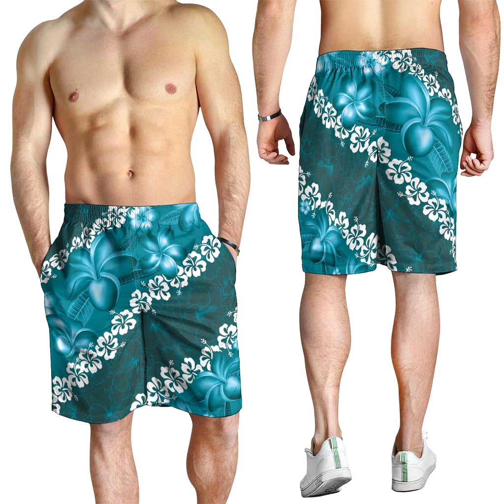 Vintage Dark Cyan Polynesia Shorts for Men Plumeria With Hibiscus Tropical Vibes - Polynesian Pride