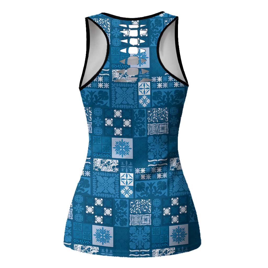 Vintage Hawaiian Quilting Patterns Hollow Tank Top Blue Style Tribal Fabric Patchwork LT9 - Polynesian Pride