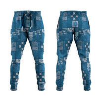 Vintage Hawaiian Quilting Patterns Jogger Pants Blue Style Tribal Fabric Patchwork - Polynesian Pride
