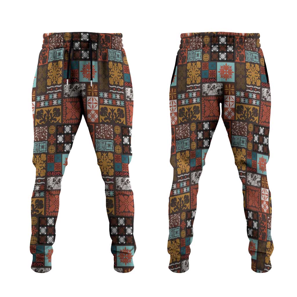 Vintage Hawaiian Quilting Patterns Jogger Pants Brown Style Tribal Fabric Patchwork - Polynesian Pride