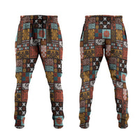 Vintage Hawaiian Quilting Patterns Jogger Pants Brown Style Tribal Fabric Patchwork - Polynesian Pride