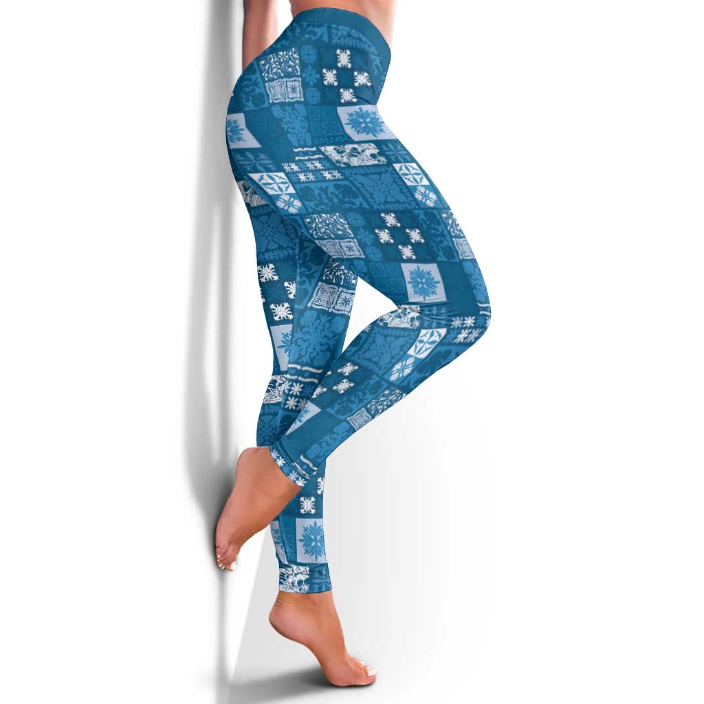 Vintage Hawaiian Quilting Patterns Leggings Blue Style Tribal Fabric Patchwork - Polynesian Pride