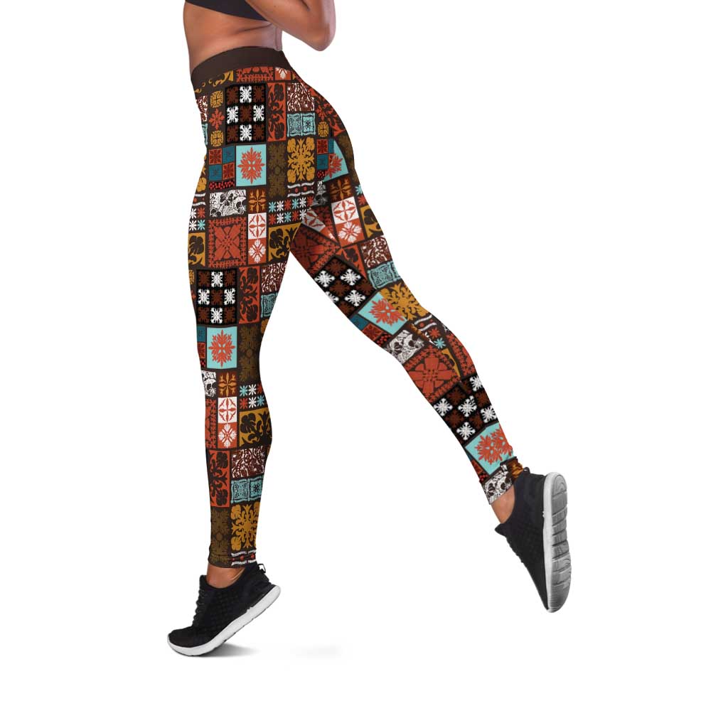 Vintage Hawaiian Quilting Patterns Leggings Brown Style Tribal Fabric Patchwork - Polynesian Pride