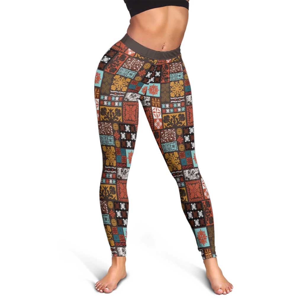 Vintage Hawaiian Quilting Patterns Leggings Brown Style Tribal Fabric Patchwork - Polynesian Pride