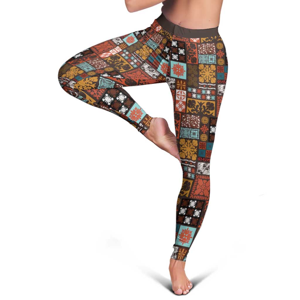 Vintage Hawaiian Quilting Patterns Leggings Brown Style Tribal Fabric Patchwork - Polynesian Pride