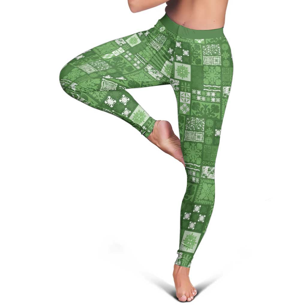 Vintage Hawaiian Quilting Patterns Leggings Green Style Tribal Fabric Patchwork - Polynesian Pride
