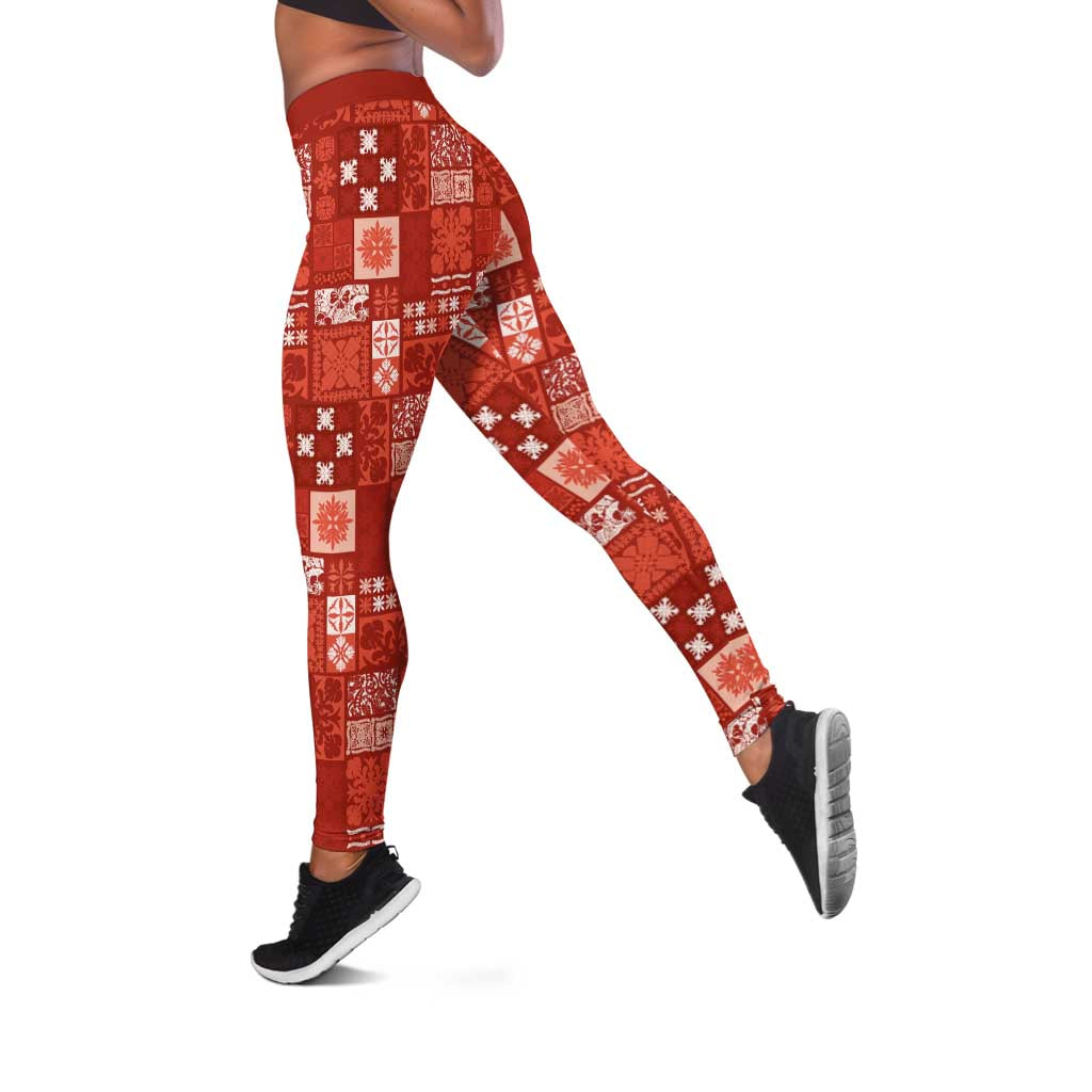 Vintage Hawaiian Quilting Patterns Leggings Red Style Tribal Fabric Patchwork - Polynesian Pride