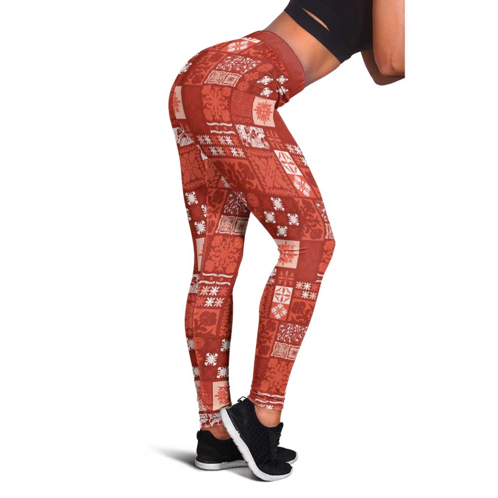 Vintage Hawaiian Quilting Patterns Leggings Red Style Tribal Fabric Patchwork - Polynesian Pride