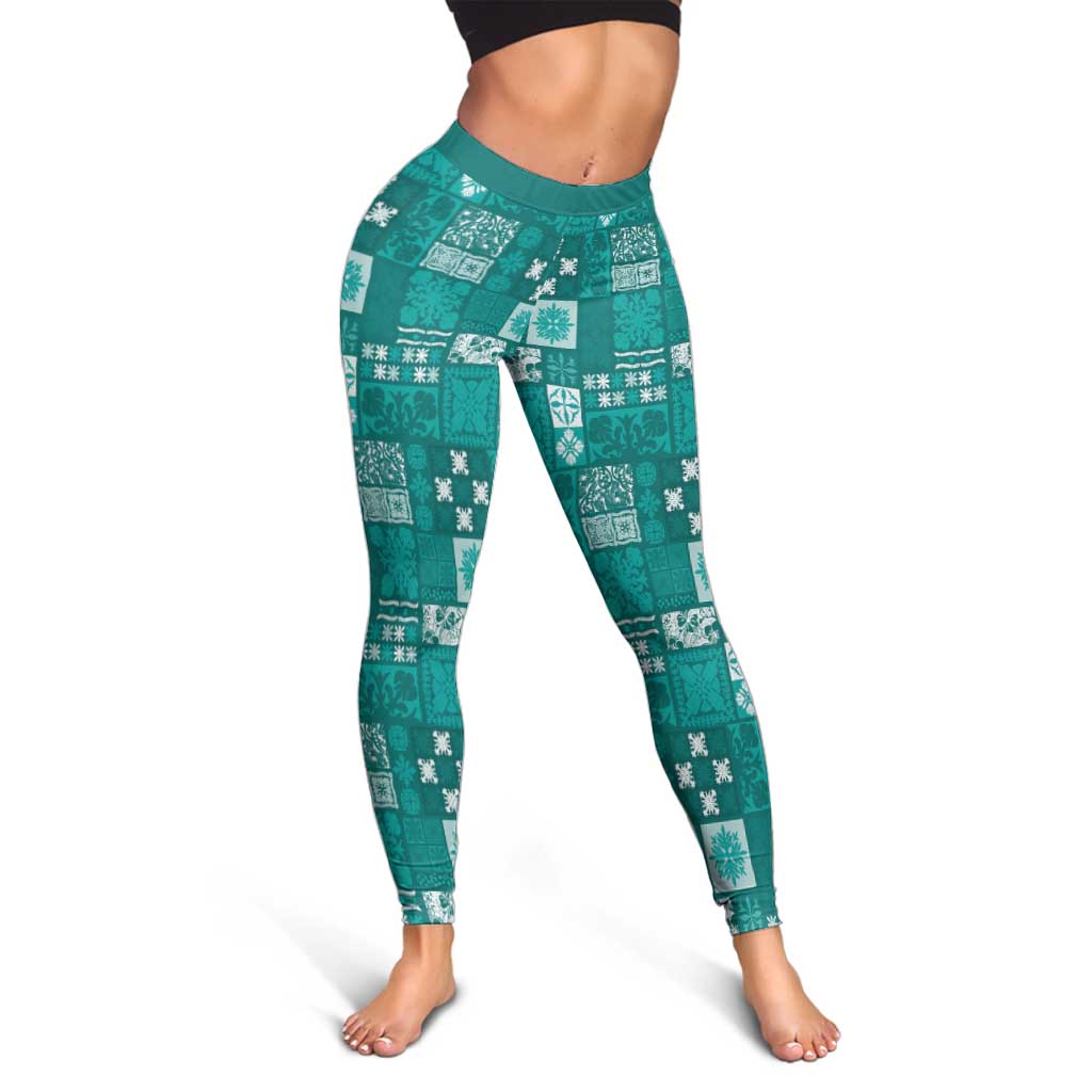 Vintage Hawaiian Quilting Patterns Leggings Turquoise Style Tribal Fabric Patchwork - Polynesian Pride