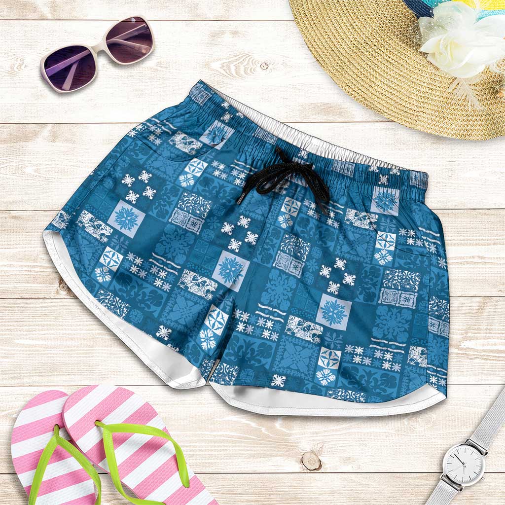 Vintage Hawaiian Quilting Patterns Shorts for Women Blue Style Tribal Fabric Patchwork - Polynesian Pride