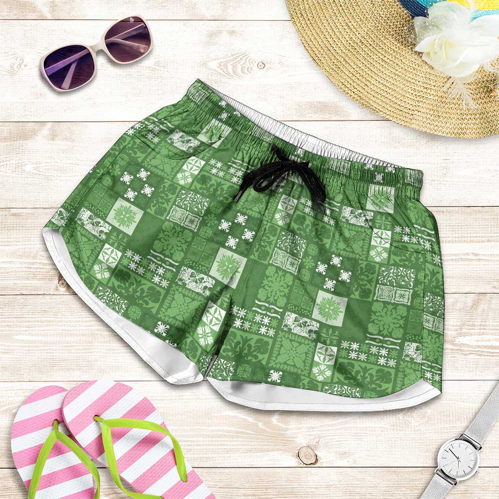 Vintage Hawaiian Quilting Patterns Shorts for Women Green Style Tribal Fabric Patchwork - Polynesian Pride