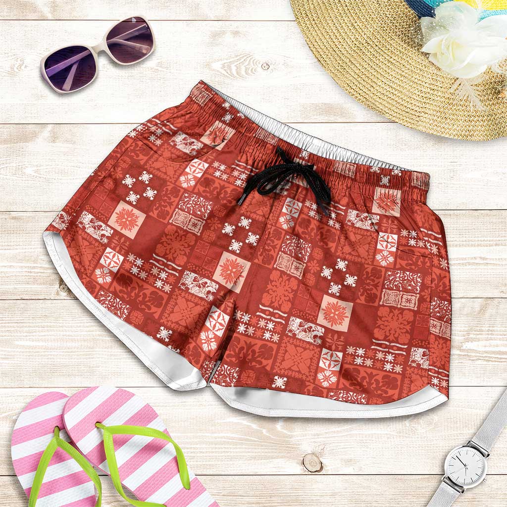 Vintage Hawaiian Quilting Patterns Shorts for Women Red Style Tribal Fabric Patchwork - Polynesian Pride