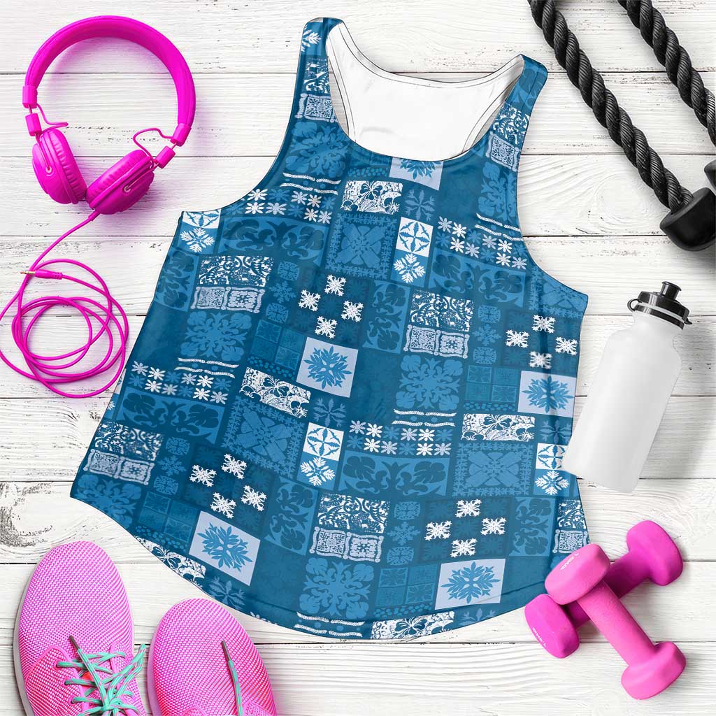 Vintage Hawaiian Quilting Patterns Women Racerback Tank Blue Style Tribal Fabric Patchwork - Polynesian Pride
