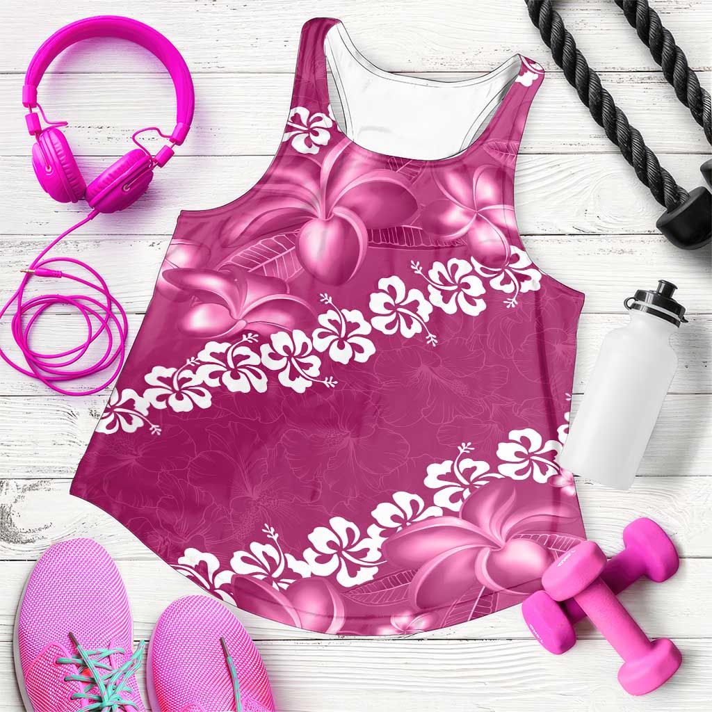 Vintage Pink Polynesia Women Racerback Tank Plumeria With Hibiscus Tropical Vibes - Polynesian Pride