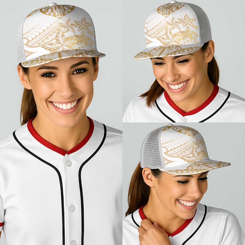 White and Gold Polynesia Baseball Net Cap Plumeria Tattoo With Polynesian Pattern - Polynesian Pride