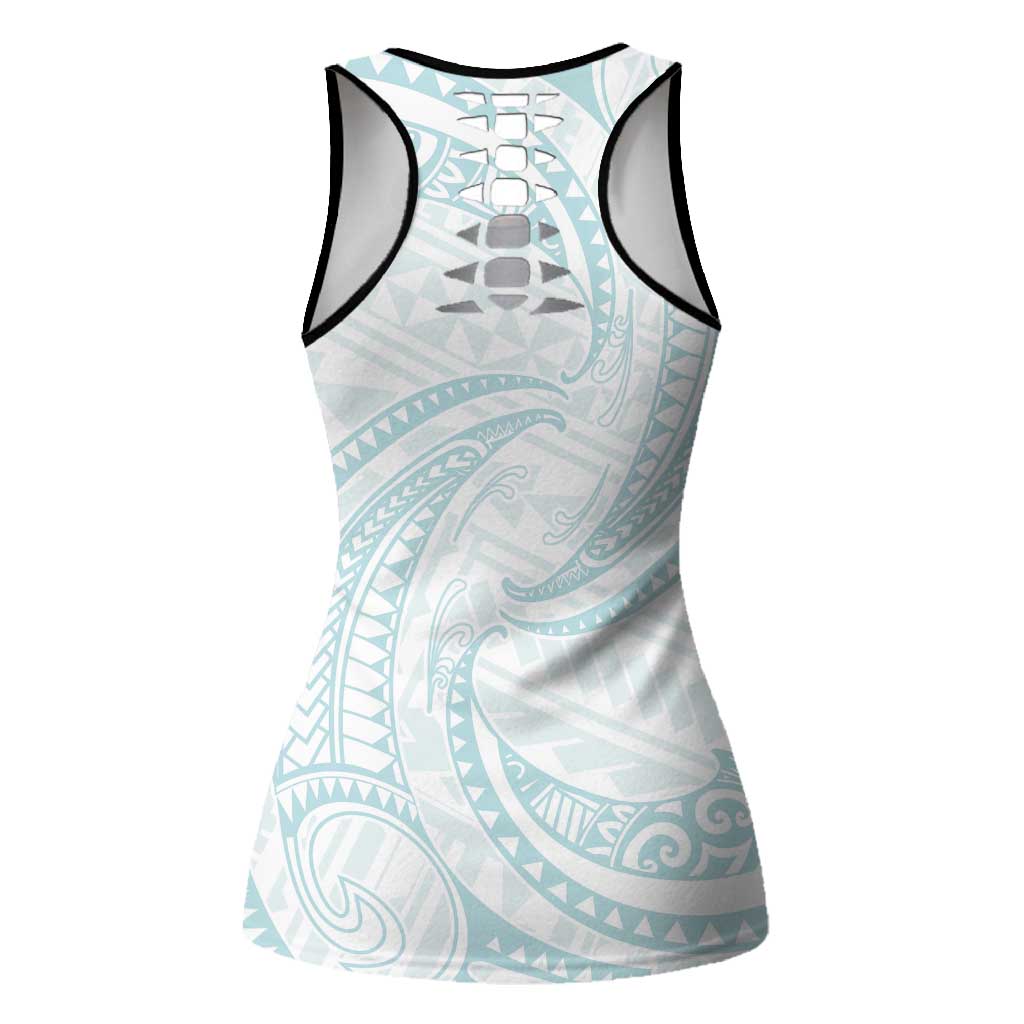 White Sunday Lotu Tamaiti Hollow Tank Top Polynesian Wave Pastel Cyan LT9 - Polynesian Pride